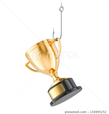 Fishing hook with trophy cup, golden award. 3D rendering 138995252
