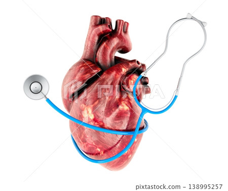 Human heart wrapped with stethoscope. Cardiology, diagnosis and heart health care, 3d rendering 138995257