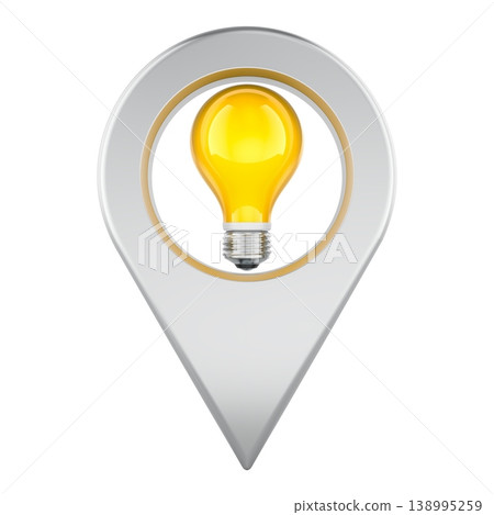 Map pin with yellow light bulb. Smart location, innovation and idea discovery, concept. 3d rendering 138995259