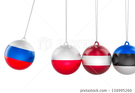 Newton cradle balls with Russia and Poland, Latvia, Estonia flags. Regional tension and security fears in Eastern Europe, concept. 3D rendering 138995260