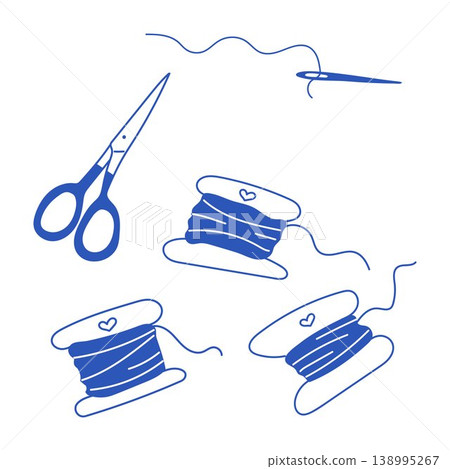 Blue sewing kit set with threads, scissors and needle. Craft and embroidery icons. Blue sewing kit set with threads, scissors and needle. Craft and embroidery icons. 138995267
