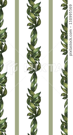 Vertical green seamless border of peony branches, isolated on a white background. Watercolor botanical greenery pattern for elegant floral decor, wedding design, branding, packaging, wallpaper Vertical green seamless border of peony branches, isolated on a white background. Watercolor botanical greenery pattern for elegant floral decor, wedding design, branding, packaging, wallpaper 138995569