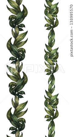 Vertical green seamless border of peony branches, isolated on a white background. Watercolor botanical greenery pattern for elegant floral decor, wedding design, branding, packaging, wallpaper Vertical green seamless border of peony branches, isolated on a white background. Watercolor botanical greenery pattern for elegant floral decor, wedding design, branding, packaging, wallpaper 138995570