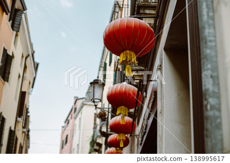 Chinese red lanterns on the street. Selective focus.Chinese red lanterns on the street. Chinese red lanterns on the street. Selective focus.Chinese red lanterns on the street. 138995617