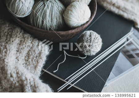 Balls of wool yarn and needles for hand knitting in a basket. Balls of wool yarn and needles for hand knitting in a basket. 138995621