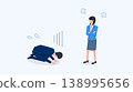 向量插圖，描繪了一人因工作失誤而鞠躬道歉，另一人則一臉憤慨。 138995656