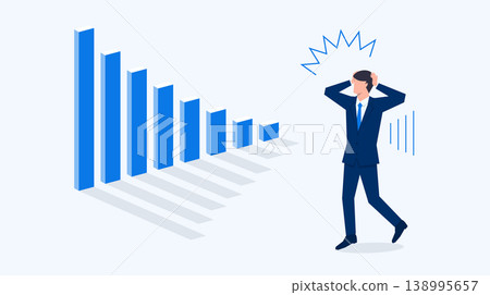 A vector illustration of a bar graph showing a downward curve and a person who is shocked. A vector illustration of a bar graph showing a downward curve and a person who is shocked. 138995657