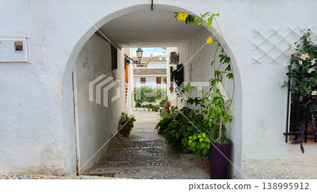 Charming arched passageway in Altea Spain leading to sunlit Mediterranean street adorned with vibrant potted plants and blooming flowers, perfect for a peaceful afternoon stroll during a family Charming arched passageway in Altea Spain leading to sunlit Mediterranean street adorned with vibrant potted plants and blooming flowers, perfect for a peaceful afternoon stroll during a family 138995912