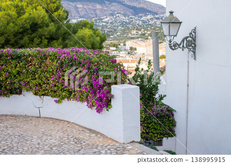 Cobblestone path with a traditional street lamp and purple bougainvillea on a white wall in Altea, Spain, offering beautiful views for travelers enjoying holidays 138995915