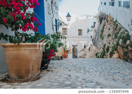 Whitewashed buildings line a historic Altea street, vibrant pink bougainvillea in a terracotta pot creating a charming scene for family holidays in Spain 138995946