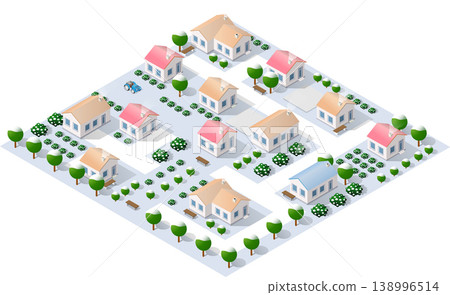 Modern isometric city center with skyscrapers and trees covered by snow Modern isometric city center with skyscrapers and trees covered by snow 138996514