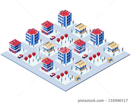 Isometric smart city with modern buildings, shops, roads, cars, delivery trucks Isometric smart city with modern buildings, shops, roads, cars, delivery trucks 138996517