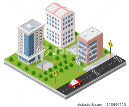 Modern city buildings with street and green areas in isometric view Modern city buildings with street and green areas in isometric view 138996520