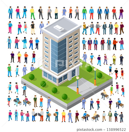 Isometric office building surrounded by diverse crowd of people Isometric office building surrounded by diverse crowd of people 138996522