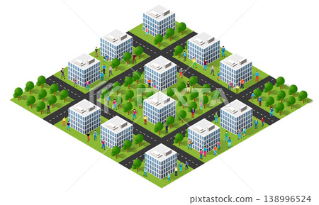 Citizens walking near modern office buildings in isometric city view Citizens walking near modern office buildings in isometric city view 138996524