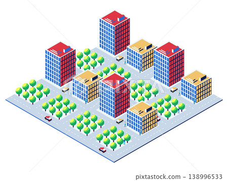 Modern isometric city center with skyscrapers, cars and people walking 138996533