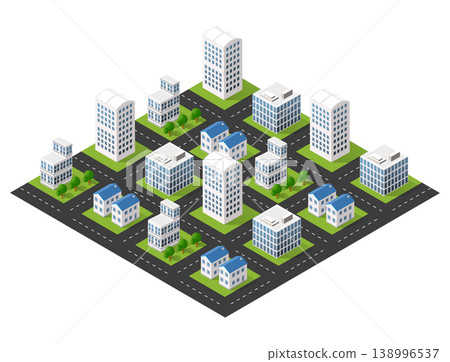 Modern isometric city center with skyscrapers, offices and houses Modern isometric city center with skyscrapers, offices and houses 138996537