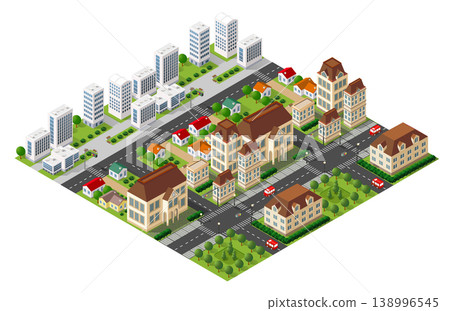 Modern isometric city with skyscrapers, houses, roads, and parks 138996545