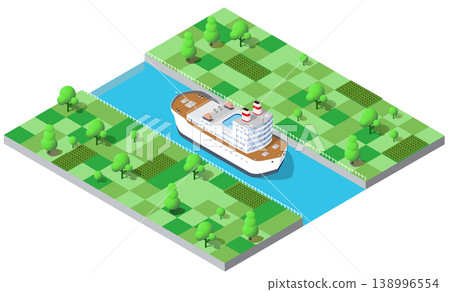 Large ship sailing on canal through green fields isometric view 138996554