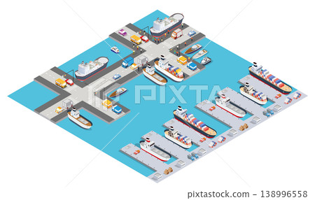 Cargo ships docking and loading at a busy port with cranes and trucks Cargo ships docking and loading at a busy port with cranes and trucks 138996558