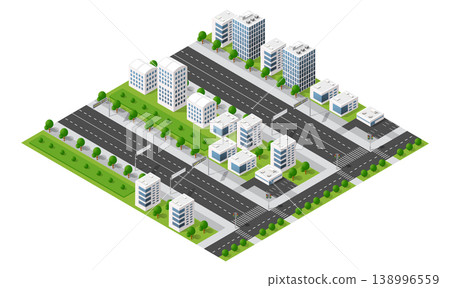 Modern city buildings and roads in isometric view Modern city buildings and roads in isometric view 138996559