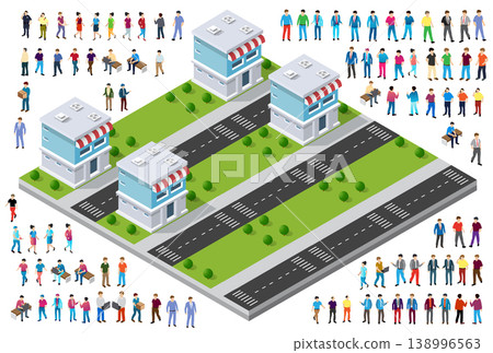 Isometric shops and people walking along the street Isometric shops and people walking along the street 138996563