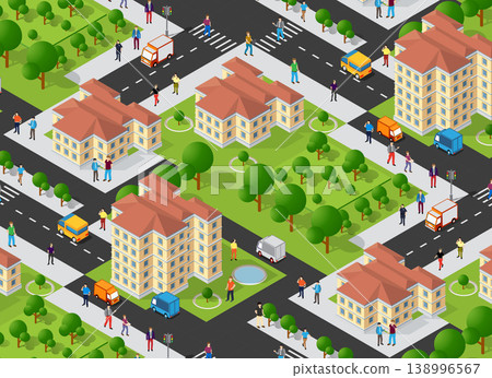 Citizens walking and driving in isometric city with buildings and parks Citizens walking and driving in isometric city with buildings and parks 138996567