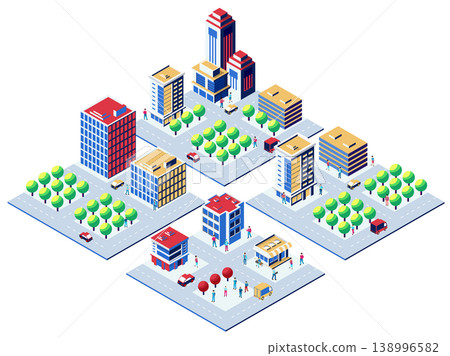 Modern isometric city center with people walking and driving 138996582