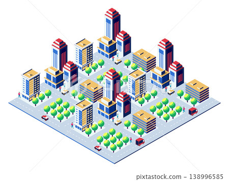 Isometric city center with skyscrapers, offices, roads and green parks 138996585