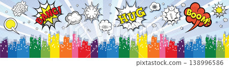 Colorful city skyline with comic book style speech bubbles Colorful city skyline with comic book style speech bubbles 138996586
