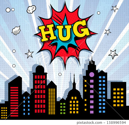 Hug comic explosion over city skyline illustration Hug comic explosion over city skyline illustration 138996594