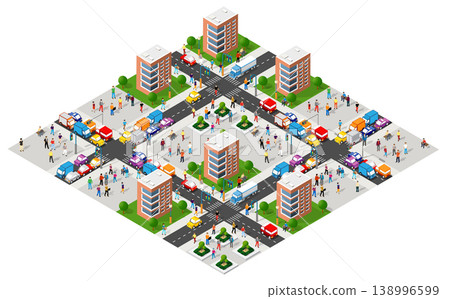 Busy urban intersection with pedestrians and traffic 138996599