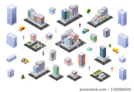 Isometric city buildings, skyscrapers, shops, trees and vehicles composing a cityscape 138996600