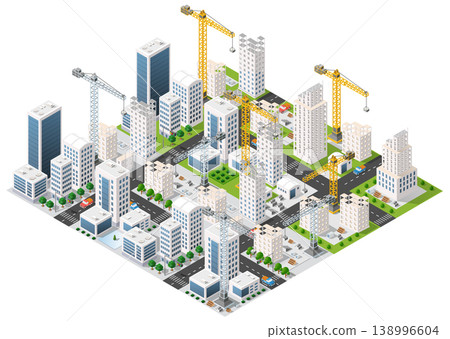 Construction cranes building modern skyscrapers in growing city center isometric view 138996604