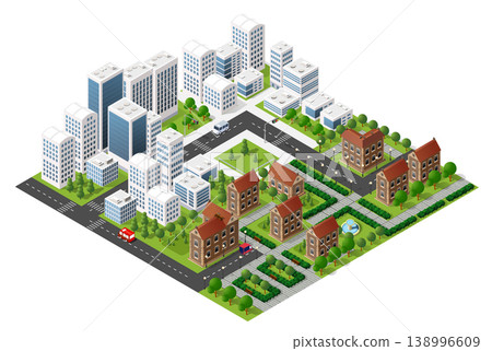 Modern isometric city center with skyscrapers and trees covered by snow 138996609