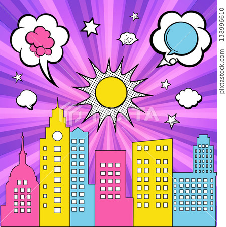 Colorful comic city skyline with sun and speech bubbles shining on purple background 138996610