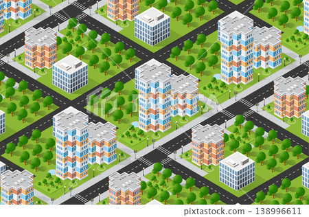 Modern city with skyscrapers, parks, and roads in isometric view Modern city with skyscrapers, parks, and roads in isometric view 138996611