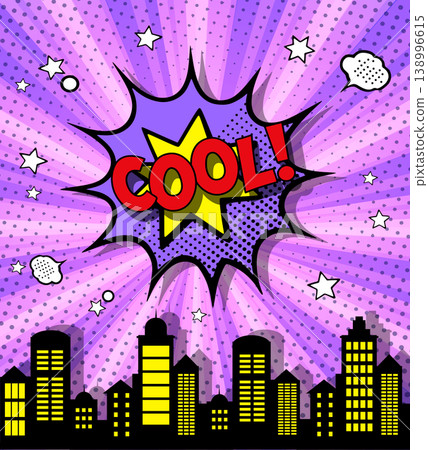 Comic style cityscape with cool speech bubble exploding over city skyline Comic style cityscape with cool speech bubble exploding over city skyline 138996615