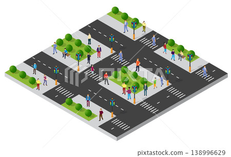 People walking and crossing roads at intersection in isometric city People walking and crossing roads at intersection in isometric city 138996629