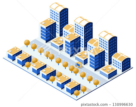 Modern cityscape with skyscrapers and delivery van driving on street Modern cityscape with skyscrapers and delivery van driving on street 138996630