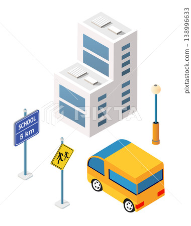 School bus moving on road near school building and road signs in isometric projection School bus moving on road near school building and road signs in isometric projection 138996633