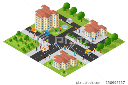 People walking and driving in isometric city with buildings and parks People walking and driving in isometric city with buildings and parks 138996637