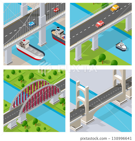 Four isometric bridges with cars, boats, and cargo ships passing underneath 138996641