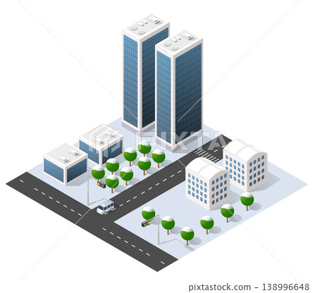 Isometric cityscape with skyscrapers, offices, and snowy trees in winter Isometric cityscape with skyscrapers, offices, and snowy trees in winter 138996648