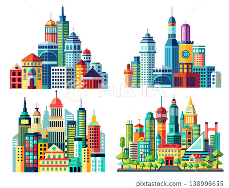 Four colorful cityscapes representing modern and futuristic urban centers 138996655