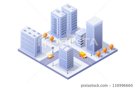Modern isometric city center with skyscrapers, roads, cars and trees Modern isometric city center with skyscrapers, roads, cars and trees 138996660