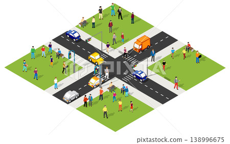 People walking and driving at crossroads in isometric city 138996675