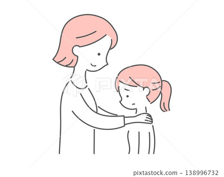 一幅黑白插圖，描繪了一位母親鼓勵她情緒低落的女兒。 138996732