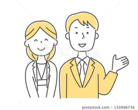 A monochrome illustration of smiling young male and female teachers/counselors. A monochrome illustration of smiling young male and female teachers/counselors. 138996736