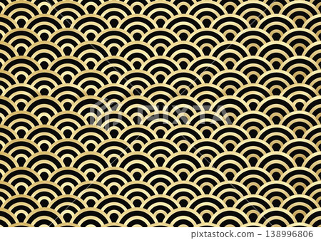 Golden Seigaiha (wave pattern) background material; luxurious metallic wave pattern; auspicious Japanese design. Golden Seigaiha (wave pattern) background material; luxurious metallic wave pattern; auspicious Japanese design. 138996806